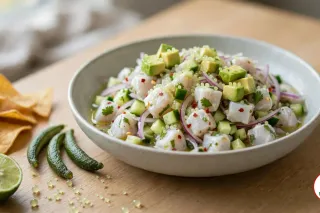 A pale grey stoneware bowl of finger lime ceviche, cubes of white kingfish with diced cucumber, red onion slivers, red chilli, coriander and avocado, scattered with tiny pale green finger lime pearls, beside three whole dark green finger limes, a halved lime and corn chips on a light wooden table