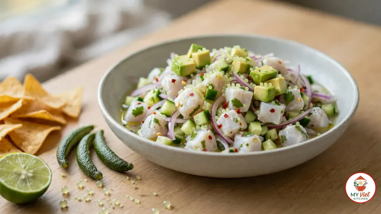 A pale grey stoneware bowl of finger lime ceviche, cubes of white kingfish with diced cucumber, red onion slivers, red chilli, coriander and avocado, scattered with tiny pale green finger lime pearls, beside three whole dark green finger limes, a halved lime and corn chips on a light wooden table