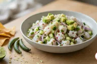 A pale grey stoneware bowl of finger lime ceviche, cubes of white kingfish with diced cucumber, red onion slivers, red chilli, coriander and avocado, scattered with tiny pale green finger lime pearls, beside three whole dark green finger limes, a halved lime and corn chips on a light wooden table