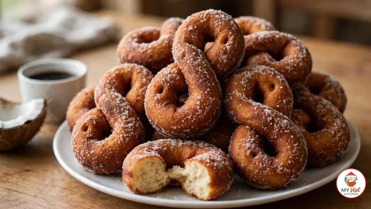 A pile of deep golden-brown figure-eight firi firi coated in sparkling granulated sugar on a white plate, one broken open to show a fluffy pale crumb, with a small cup of black coffee and half a coconut on a wooden table