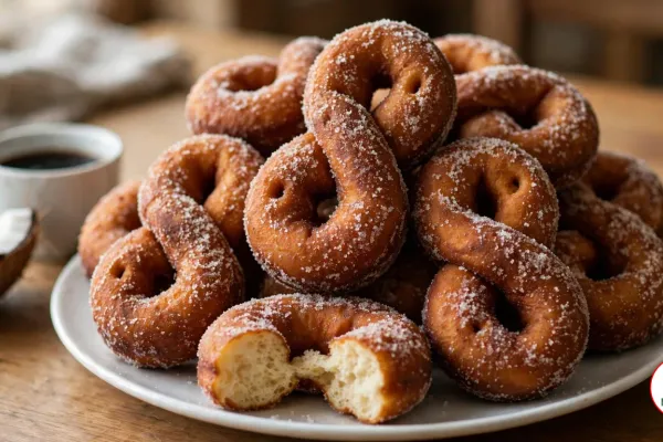 A pile of deep golden-brown figure-eight firi firi coated in sparkling granulated sugar on a white plate, one broken open to show a fluffy pale crumb, with a small cup of black coffee and half a coconut on a wooden table
