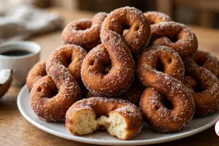 A pile of deep golden-brown figure-eight firi firi coated in sparkling granulated sugar on a white plate, one broken open to show a fluffy pale crumb, with a small cup of black coffee and half a coconut on a wooden table