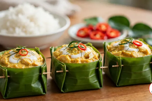 Three folded banana-leaf cups of yellow fish amok pinned with wooden toothpicks, each topped with coconut cream, fine threads of kaffir lime leaf and a ring of red chilli, with a bowl of jasmine rice and a dish of sliced red chilli behind them on a wooden table