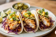 Three flour tortilla fish tacos on a pale ceramic plate, filled with purple cabbage and carrot slaw, golden battered white fish, avocado slices, diced mango, coriander and a drizzle of pale aioli, with lime wedges and a bowl of pickled jalapeños on a wooden table