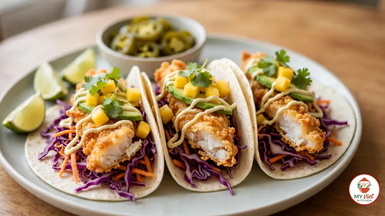 Three flour tortilla fish tacos on a pale ceramic plate, filled with purple cabbage and carrot slaw, golden battered white fish, avocado slices, diced mango, coriander and a drizzle of pale aioli, with lime wedges and a bowl of pickled jalapeños on a wooden table