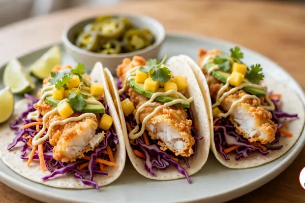 Three flour tortilla fish tacos on a pale ceramic plate, filled with purple cabbage and carrot slaw, golden battered white fish, avocado slices, diced mango, coriander and a drizzle of pale aioli, with lime wedges and a bowl of pickled jalapeños on a wooden table