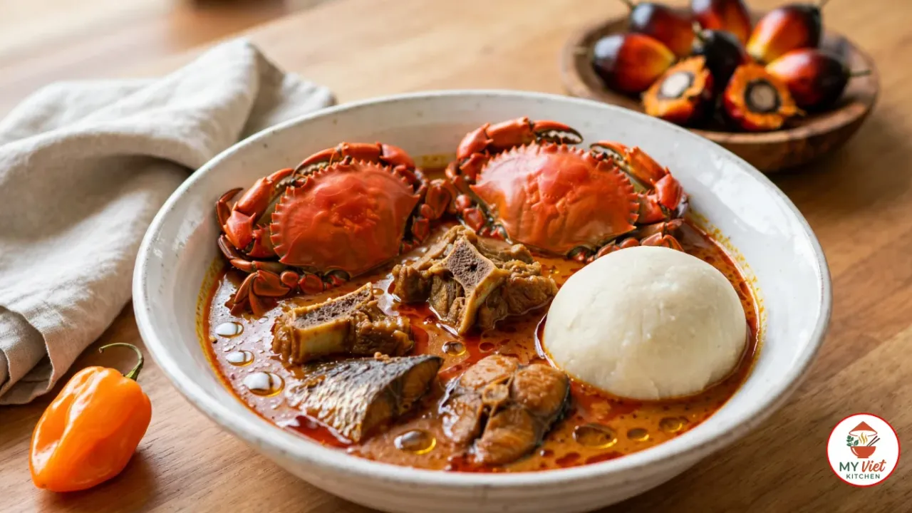 A white bowl of reddish-orange palm nut soup with two whole cooked crabs, bone-in goat, smoked fish and a smooth ball of pale fufu, beside a whole orange habanero, a linen cloth and a wooden dish of oval red-orange and black palm fruits, two of them cut open to show orange flesh around a dark nut