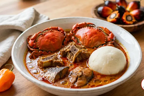 A white bowl of reddish-orange palm nut soup with two whole cooked crabs, bone-in goat, smoked fish and a smooth ball of pale fufu, beside a whole orange habanero, a linen cloth and a wooden dish of oval red-orange and black palm fruits, two of them cut open to show orange flesh around a dark nut
