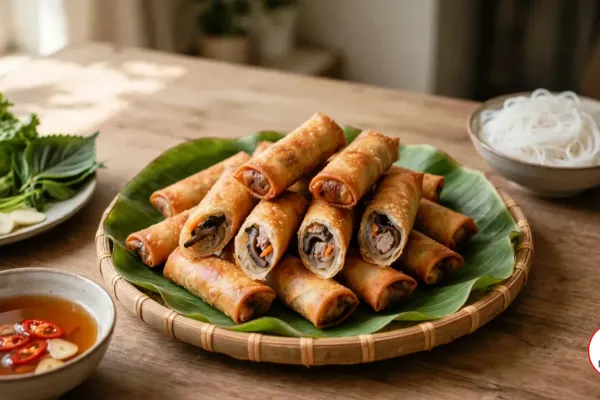 Golden Hanoi fried spring rolls on a banana leaf in a bamboo tray, some cut to show the pork, wood ear mushroom and glass noodle filling, with dipping sauce, lettuce, herbs and rice vermicelli