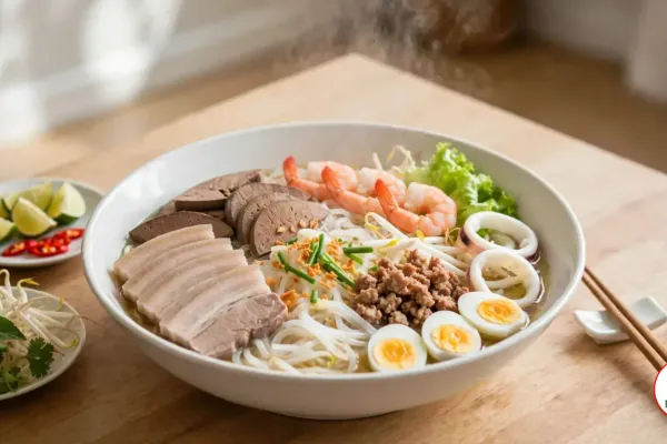 A white bowl of hủ tiếu Nam Vang with clear broth, rice noodles, sliced pork, liver, shrimp, squid, quail eggs, ground pork and fried garlic, beside plates of lime, chilies, Thai basil and bean sprouts, chopsticks on a rest