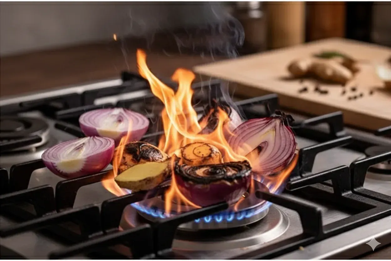 Charring onions and ginger for Vietnamese pho broth traditional cooking method