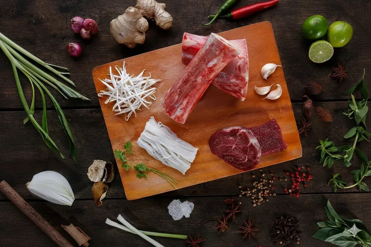 Vietnamese beef pho ingredients including bones star anise cinnamon ginger and herbs