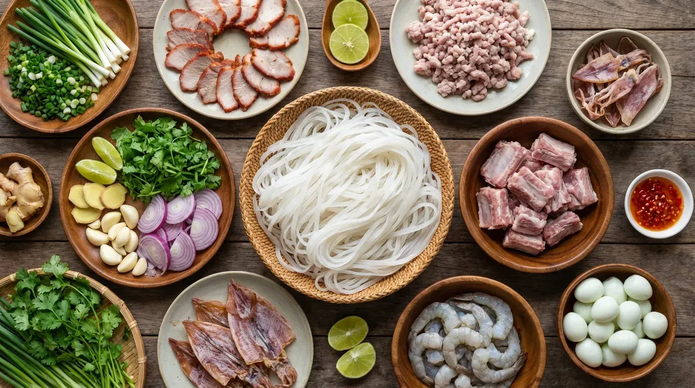 Hu Tieu Nam Vang ingredient spread with rice noodles, pork, and aromatics