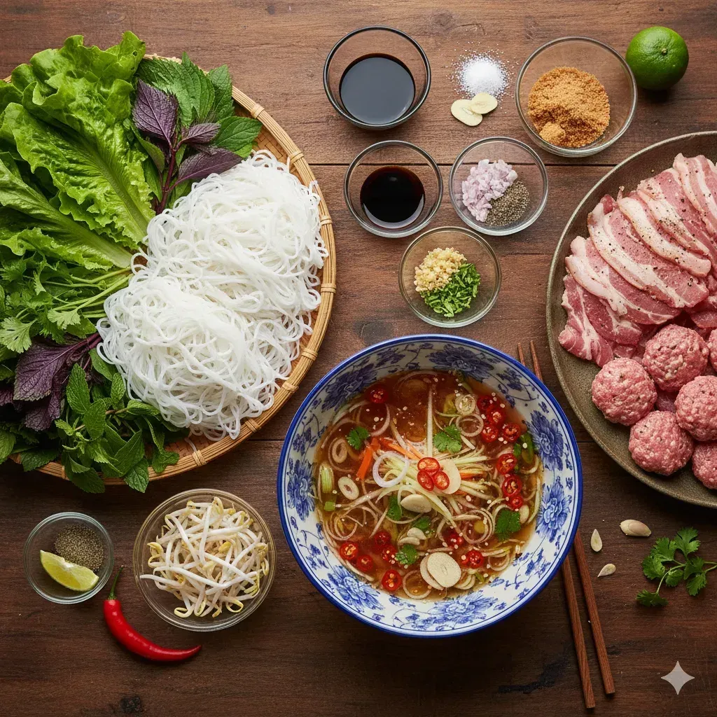Ingredients for authentic Bun Cha Hanoi laid out on a tray