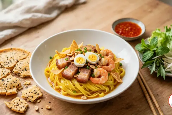 A white bowl of mi Quang, yellow turmeric noodles in a little golden broth topped with pork belly, shrimp, a halved quail egg, peanuts and scallions, beside a broken sesame rice cracker, herbs with banana blossom, chili sauce and chopsticks