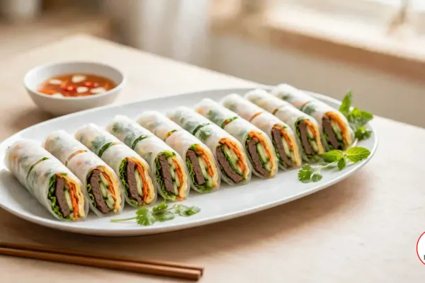 Phở cuốn rolls cut on the diagonal on a white platter, showing beef, egg, carrot, cucumber, lettuce and herbs inside soft rice sheets, with a bowl of dipping fish sauce and chopsticks on a wooden table