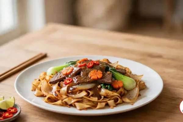A white plate of stir-fried pho noodles topped with seared beef, carrot flowers, baby bok choy, onion and sliced chili in a glossy brown gravy, with chopsticks and lime wedges on a wooden table