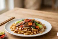 A white plate of stir-fried pho noodles topped with seared beef, carrot flowers, baby bok choy, onion and sliced chili in a glossy brown gravy, with chopsticks and lime wedges on a wooden table