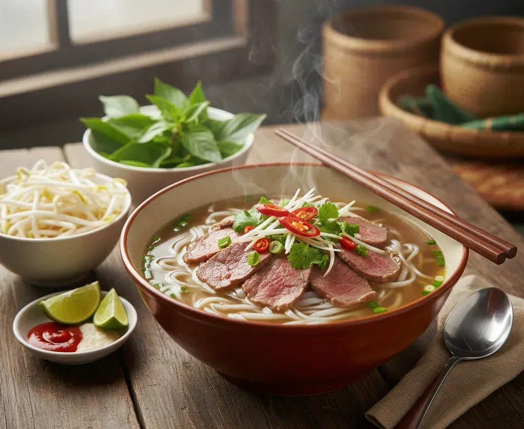 Authentic Vietnamese beef pho recipe bowl with rare beef slices fresh herbs and aromatic broth