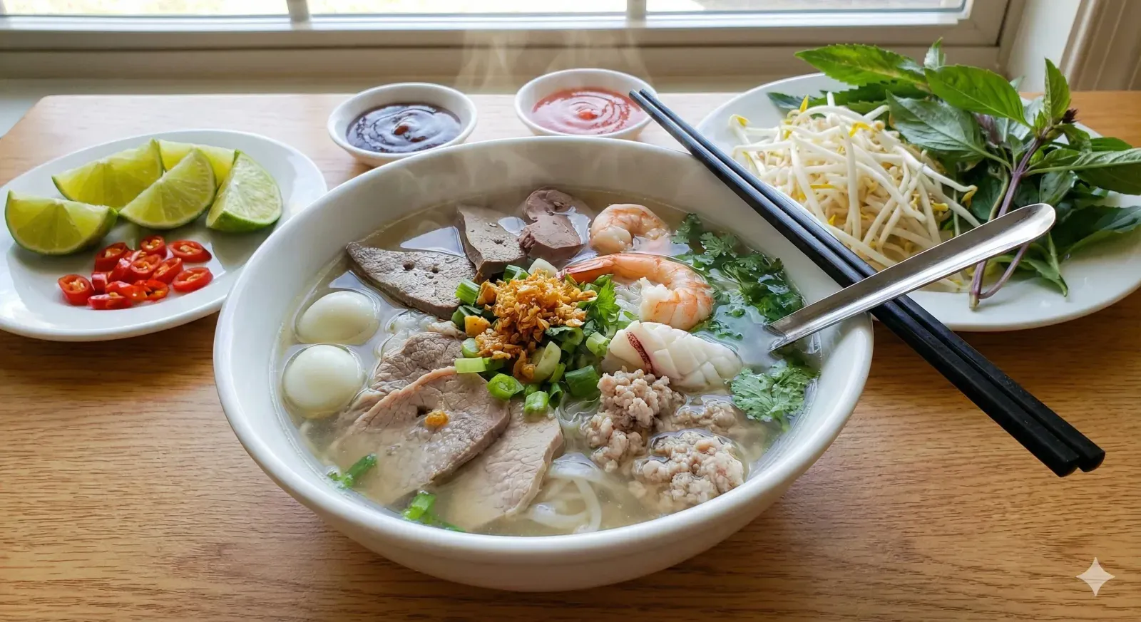 Steaming bowl of Hu Tieu Nam Vang ready to serve