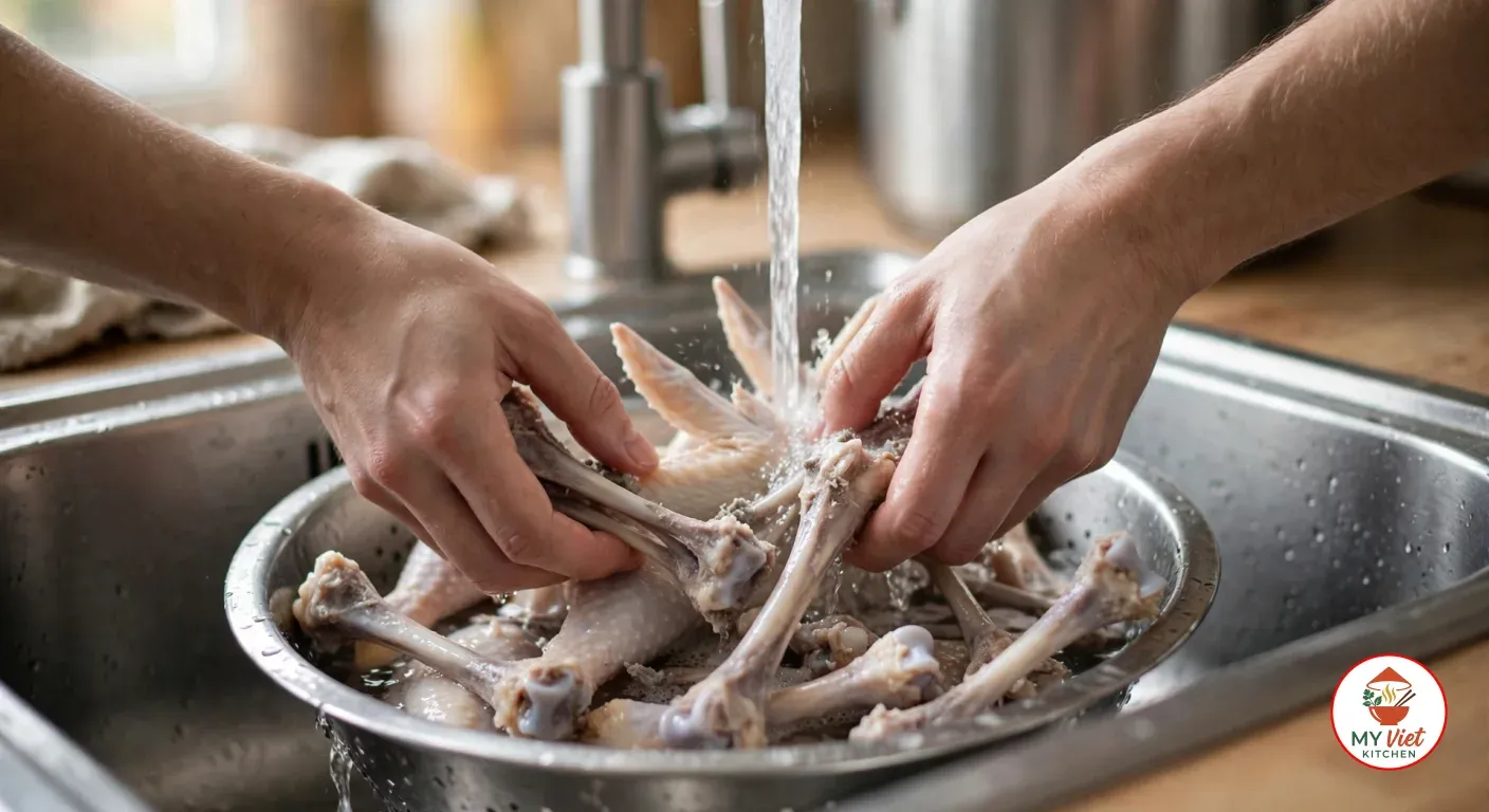 Hands rinsing blanched chicken bones and wing tips in a stainless steel colander under cold running water