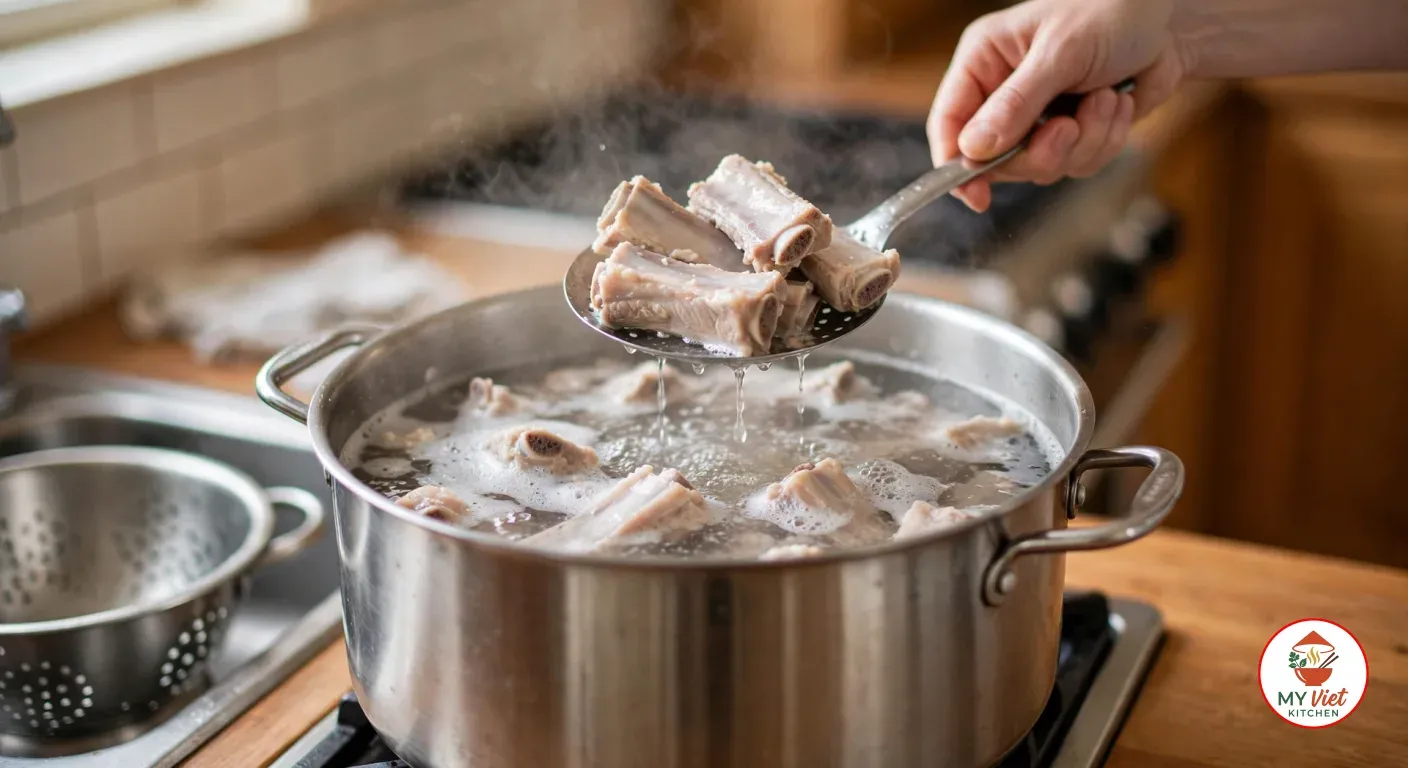 Lifting pale blanched pork rib pieces with a slotted spoon from a stainless steel stock pot of boiling water topped with grey foam, a colander waiting in the sink beside the stove