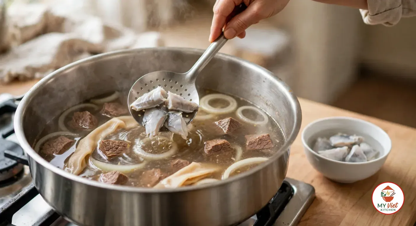 A hand lowering pale grey-white pieces of soaked stockfish on a slotted spoon into a wide stainless-steel pot of beef cubes, pale strips of cow skin and onion rings simmering in clear meat stock, with more stockfish soaking in a white bowl on the wooden counter