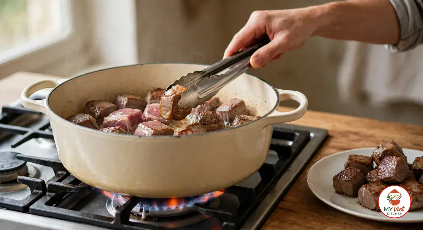 Turning a cube of lamb with stainless steel tongs in a cream enamelled cast iron pot of browning lamb over a gas flame, with a white plate of browned lamb cubes on the wooden counter beside the stove