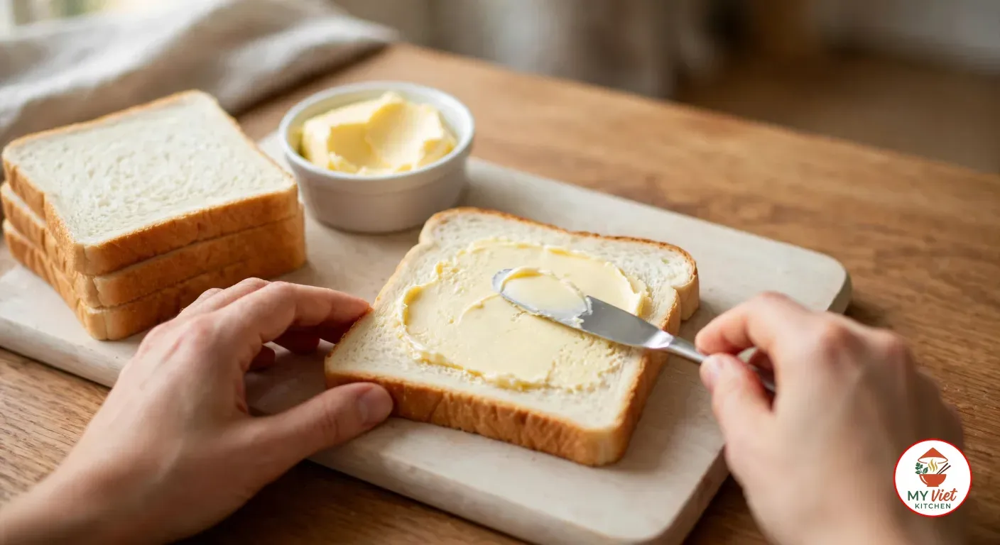 Two hands spreading soft butter with a butter knife over a slice of white sandwich bread on a pale wooden board, beside a stack of plain slices and a small white dish of softened butter