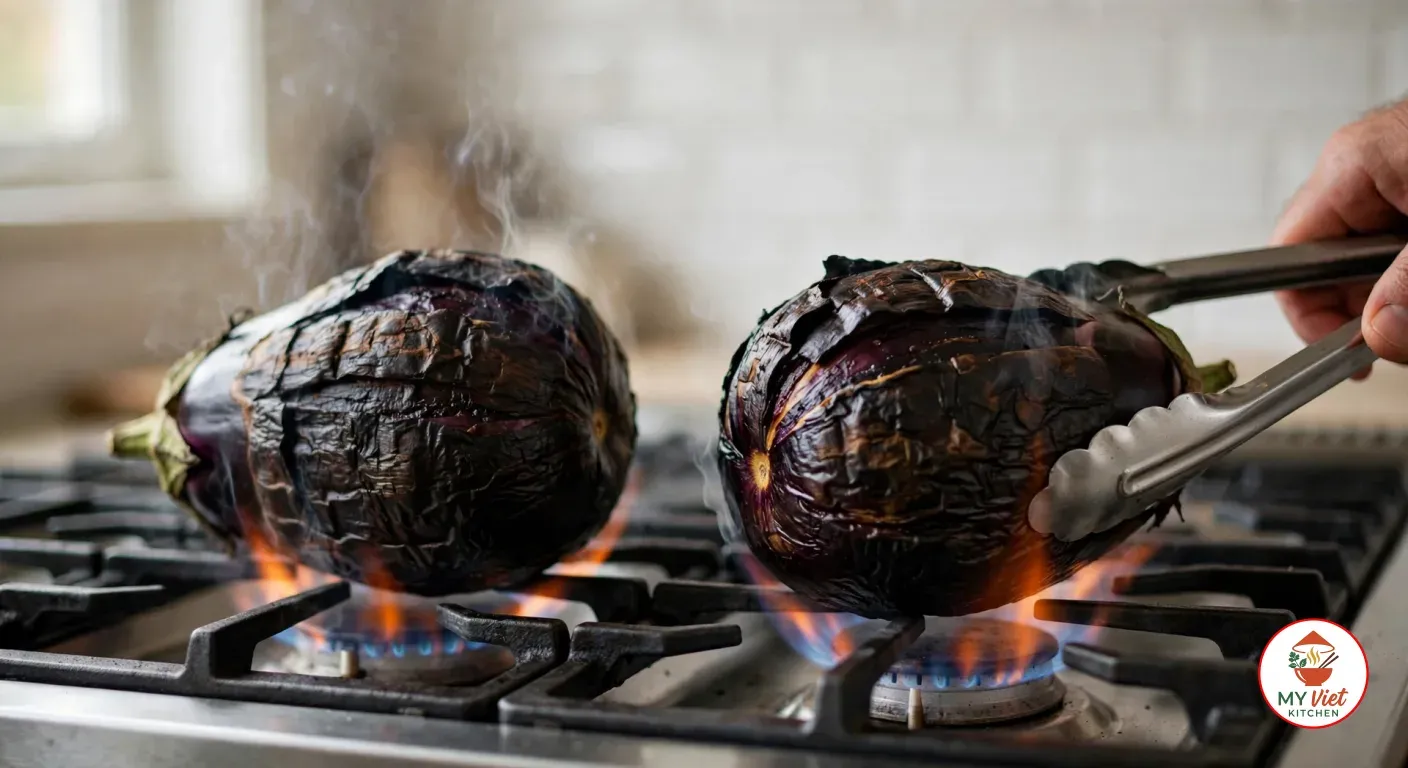 Turning a charred, blistered eggplant with steel tongs over a gas flame, beside a second blackened eggplant on the next burner