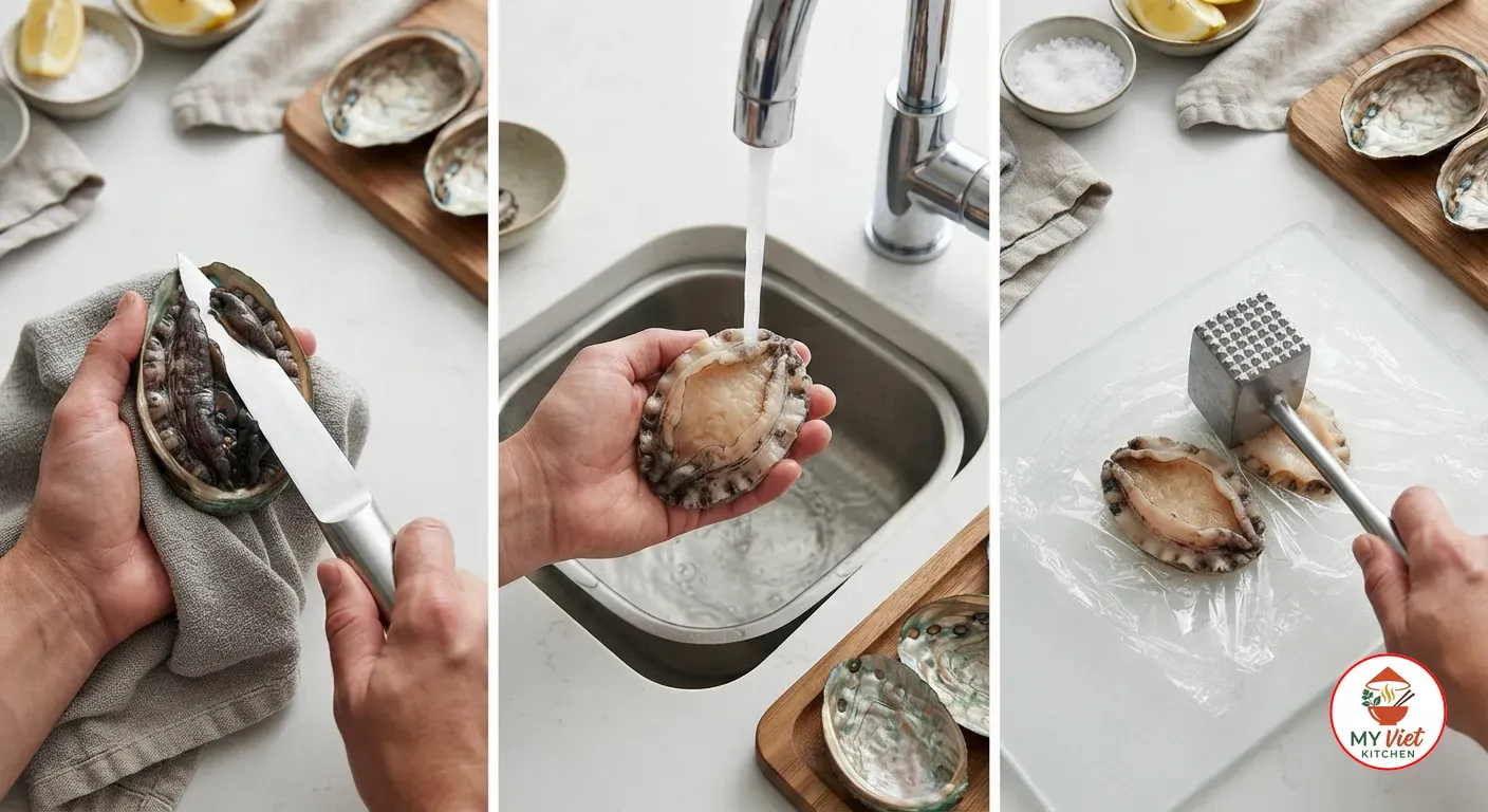 Shucking abalone with a knife, rinsing it under cold water, and pounding it with a meat mallet between plastic wrap