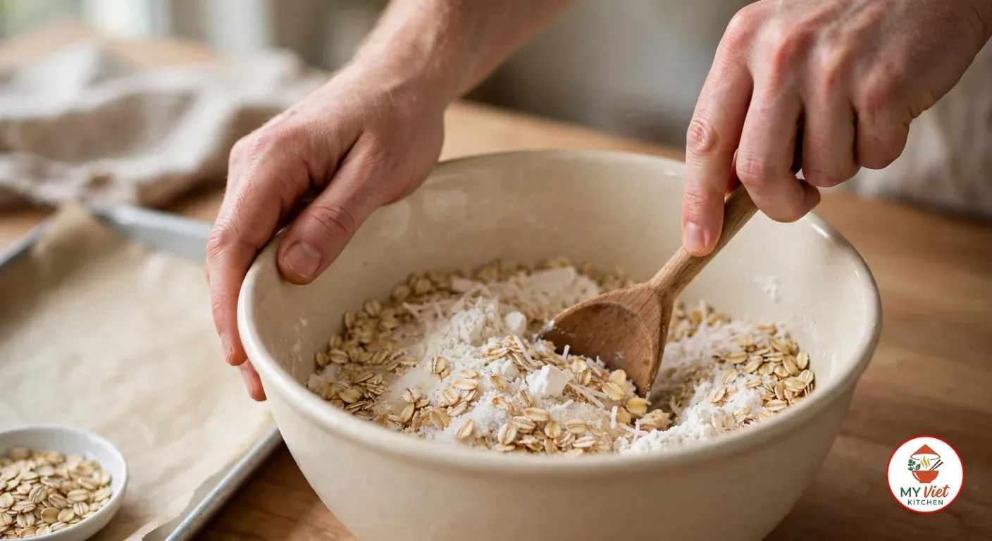 Stirring rolled oats, flour, desiccated coconut and sugar together with a wooden spoon in a large cream ceramic bowl, beside a baking tray lined with parchment paper