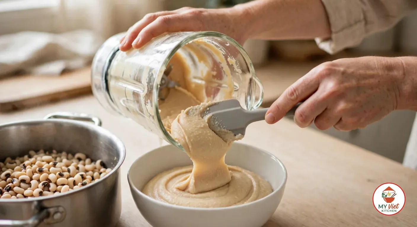 Scraping smooth, pale bean paste from a glass blender jar into a white bowl, beside a pot of cooked black-eyed peas