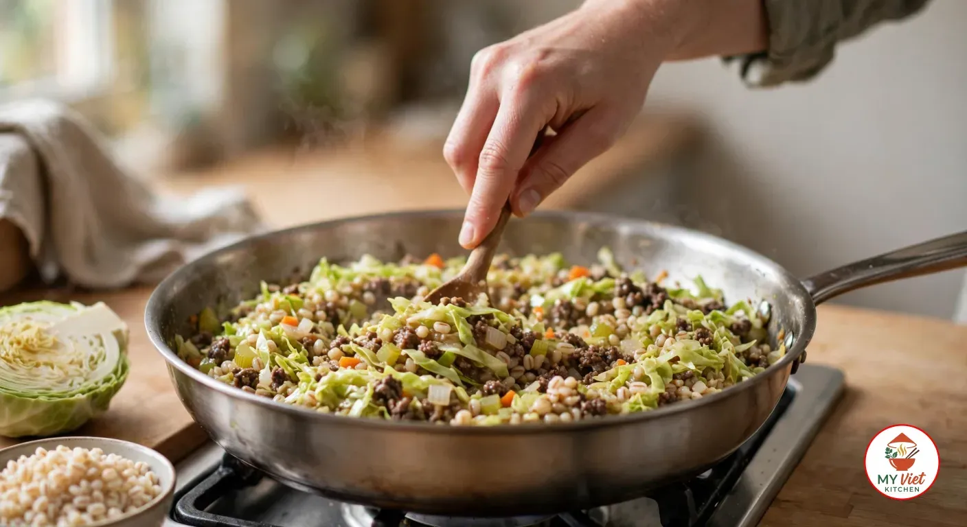 A hand stirring a dry filling of wilted shredded cabbage, pearl barley, browned ground beef and diced carrot with a wooden spoon in a stainless-steel skillet on a gas stove, beside half a green cabbage and a bowl of pearl barley