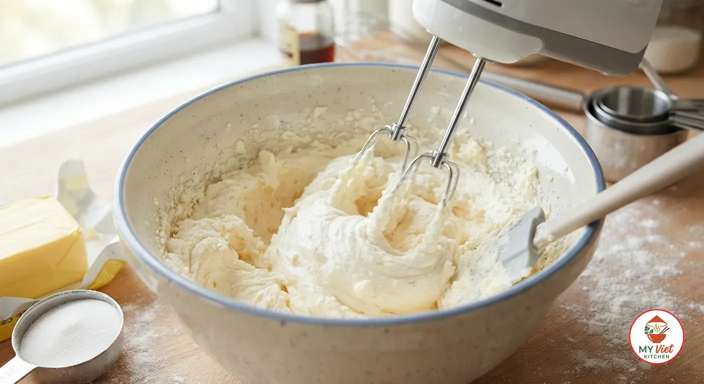 Butter and caster sugar beaten with an electric hand mixer until pale and fluffy in a mixing bowl
