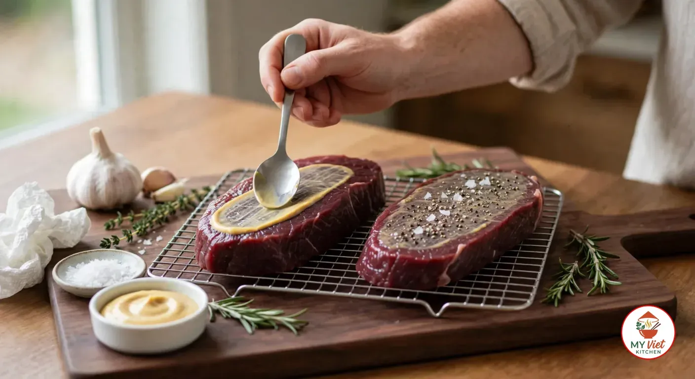 A hand spreading a thin film of Dijon mustard over a raw, dark burgundy-red emu fan fillet steak with the back of a teaspoon, a second steak topped with flaky salt and cracked pepper beside it on a wire rack, with a ramekin of mustard, a dish of sea salt, garlic, thyme and rosemary on the walnut board