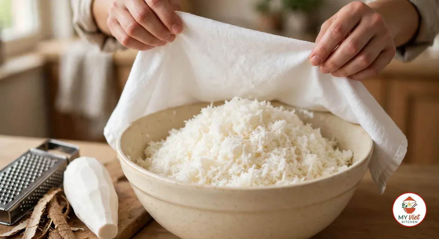 Lifting a white cotton cloth off a cream ceramic bowl of finely grated cassava left to ferment, beside a peeled cassava root, its peel and a box grater