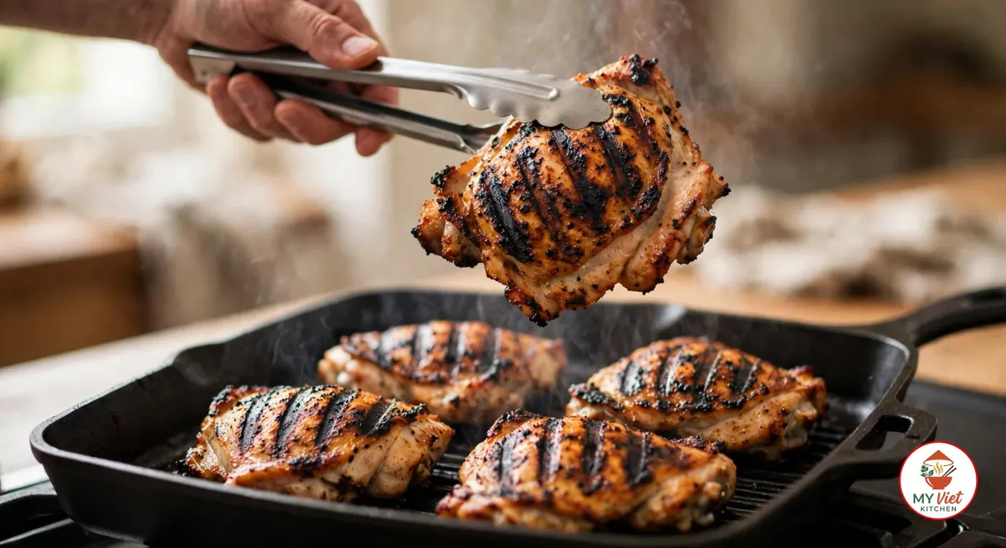 A hand lifting a charred boneless chicken thigh with tongs from a square black cast-iron grill pan holding four more thighs with dark grill stripes, on a gas stove