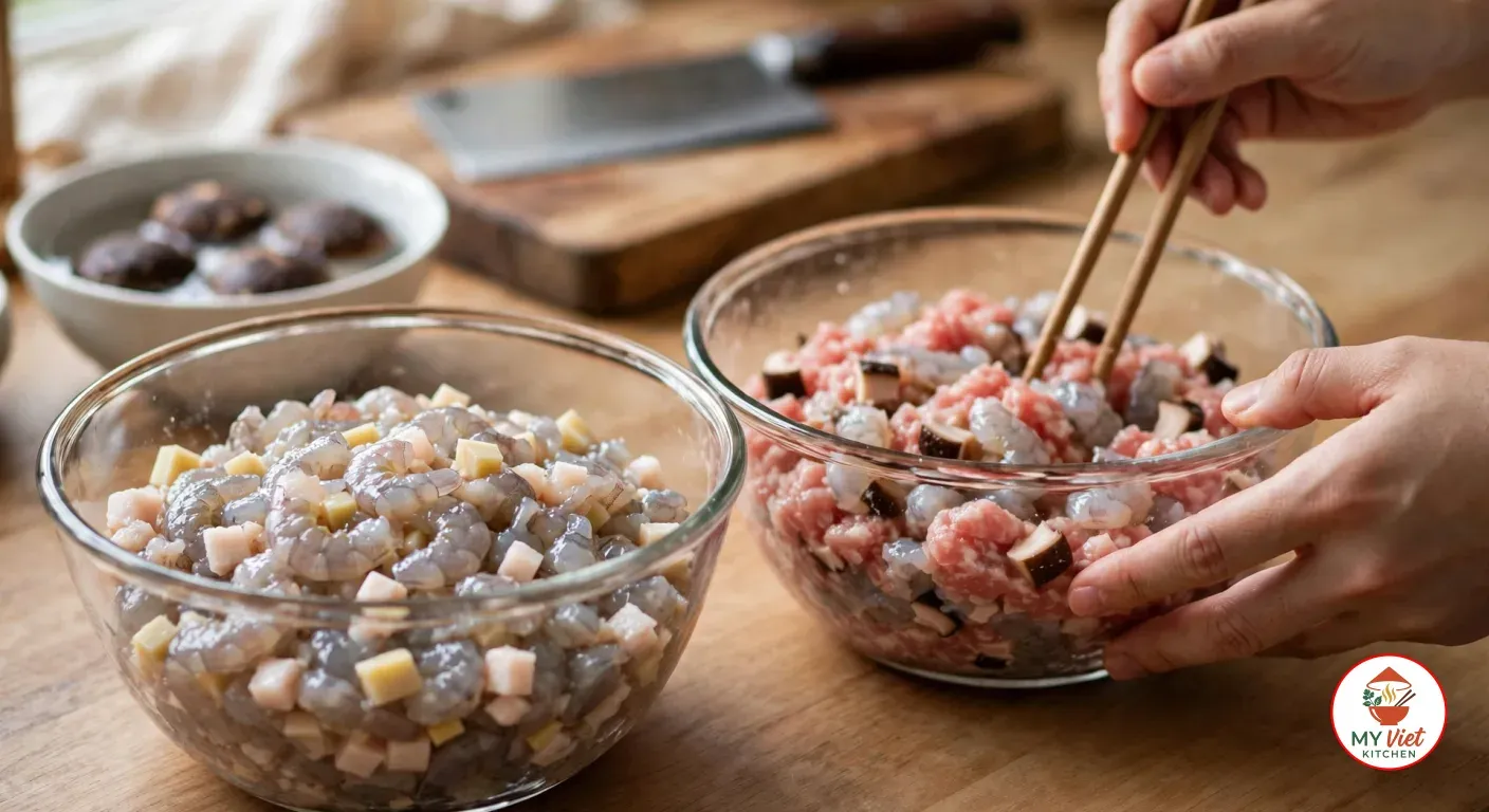 Two glass bowls of raw dumpling filling on a wooden counter, chopped shrimp with diced pork fat and bamboo shoot on the left and minced pork with shrimp and diced shiitake on the right, being stirred with wooden chopsticks, with soaked mushrooms and a cleaver behind