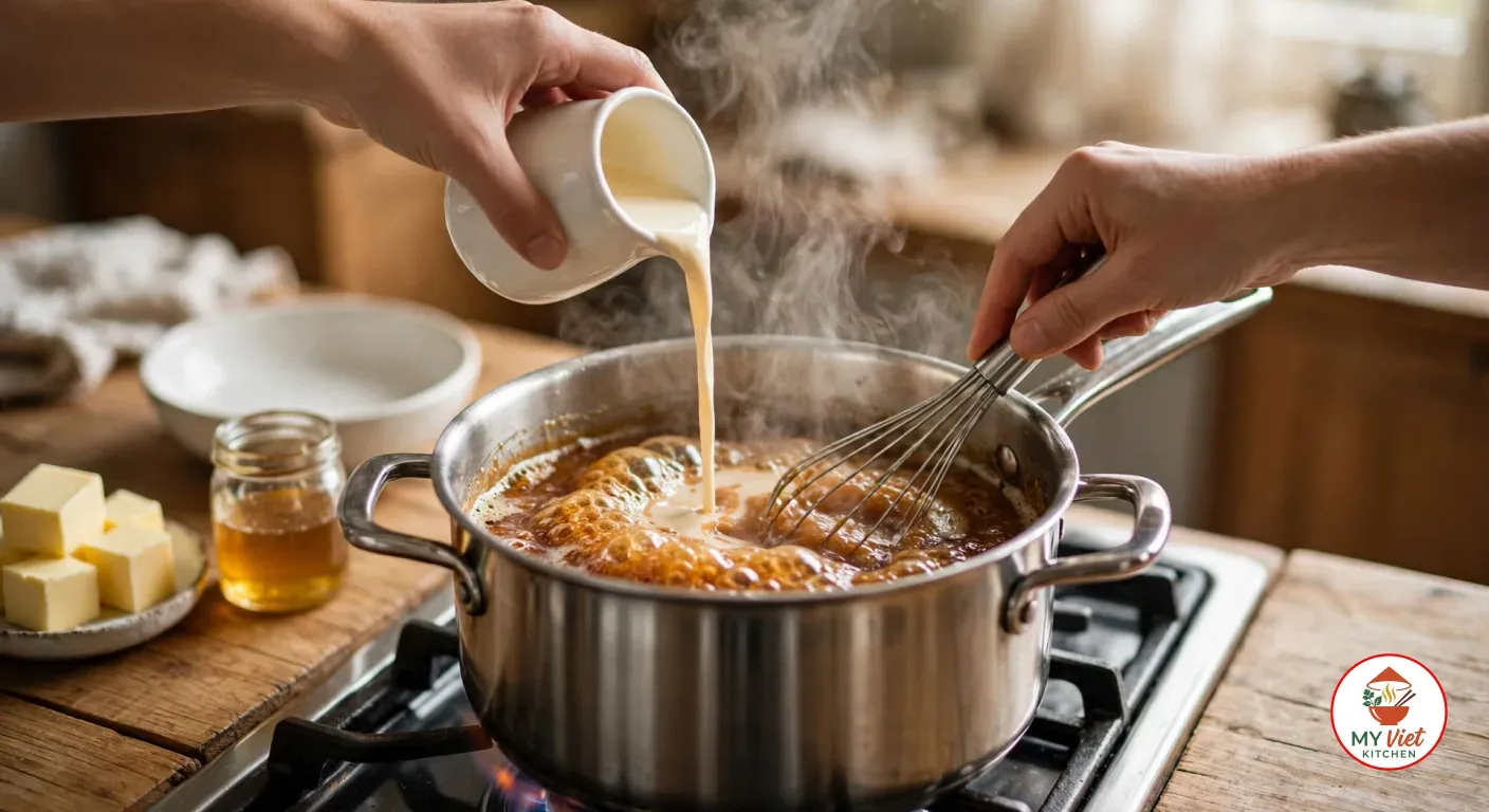 Pouring warm cream from a white jug into bubbling amber caramel in a stainless steel saucepan on a gas hob while whisking, with cubed butter, a small jar of golden syrup and an empty white bowl on the wooden counter