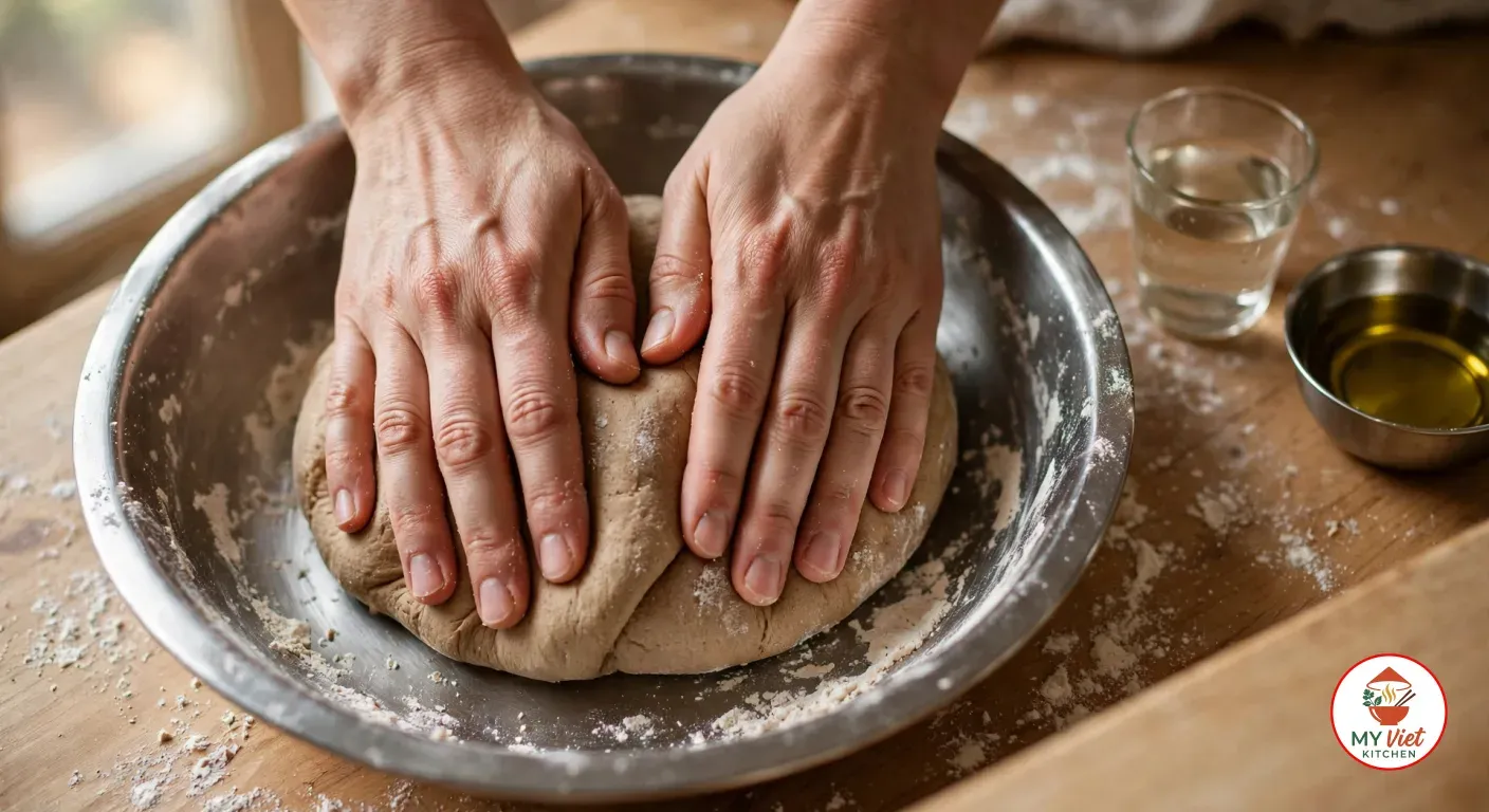 Two hands kneading a smooth ball of light brown atta dough in a wide stainless-steel bowl dusted with flour, beside a glass of water and a small steel bowl of oil on a wooden counter