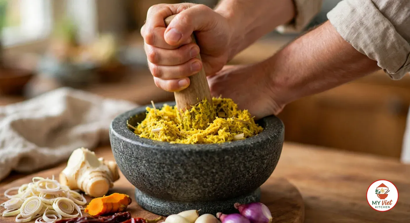 A hand pounding coarse yellow kroeung with a wooden pestle in a grey granite mortar, with sliced lemongrass, a knob of galangal, fresh turmeric, dried red chillies, garlic cloves and purple shallots on a wooden board beside it