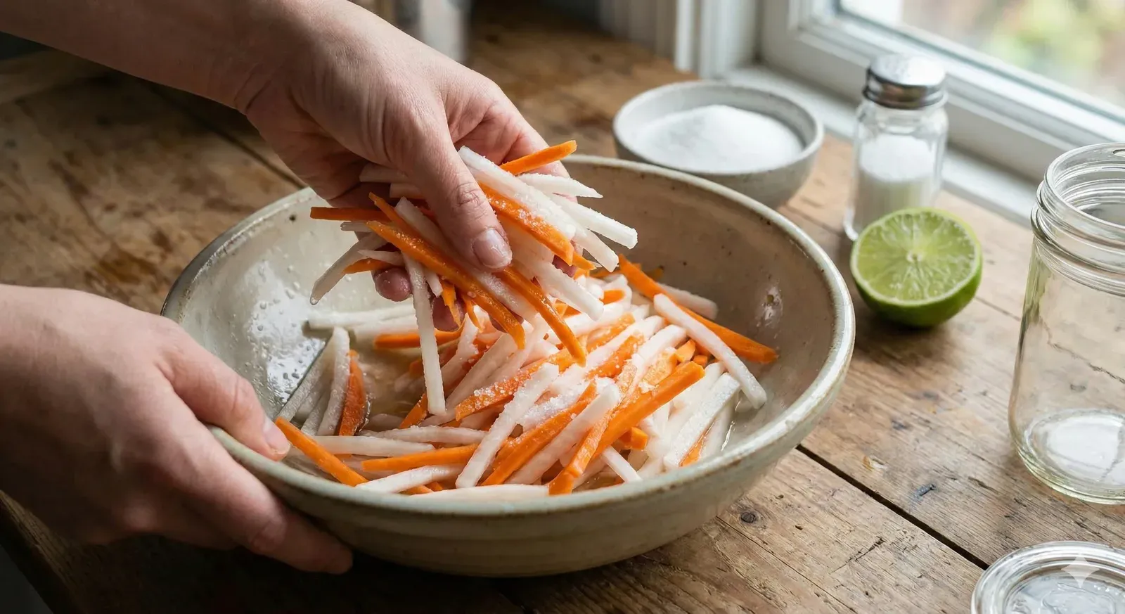 Step 1: Make the Pickled Vegetables (Dưa Chua)