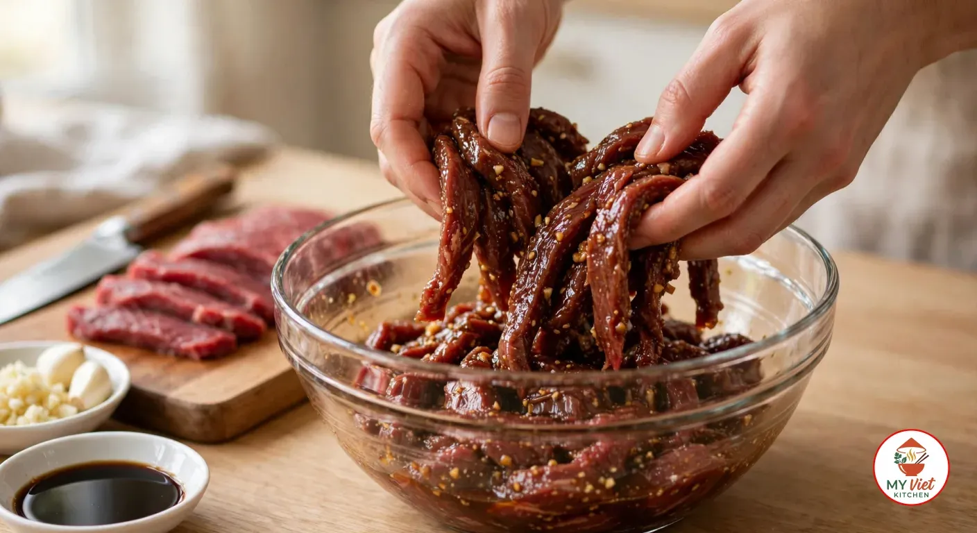 Tossing thin strips of beef sirloin by hand in a glossy soy, sesame oil and garlic marinade in a clear glass bowl on a wooden counter, more sliced raw beef and a knife on a cutting board behind it, with small white dishes of minced garlic and soy sauce
