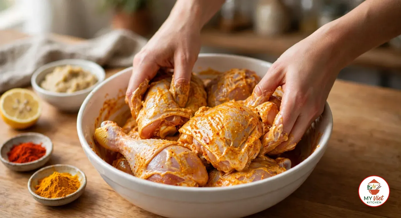 Turning bone-in chicken thighs and drumsticks by hand through a thick, golden-orange spiced yogurt marinade in a large white ceramic bowl, with small bowls of ginger-garlic paste, red chili powder and turmeric and half a lemon on the wooden counter beside it