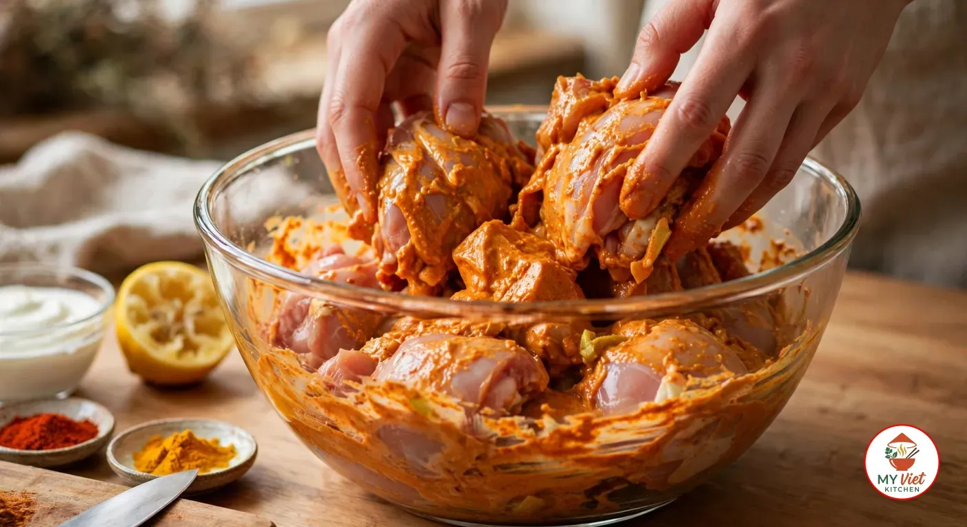 Two hands tossing raw chicken thigh pieces in an orange-red yogurt and chili marinade in a large clear glass bowl, with a squeezed lemon half, a bowl of yogurt, small dishes of red chili powder and turmeric and a knife on a wooden counter