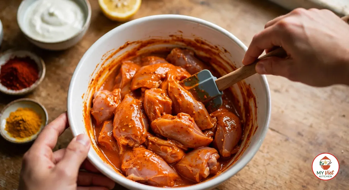 A hand folding pieces of raw chicken thigh through an orange-red spiced yogurt marinade with a silicone spatula in a white ceramic bowl, the other hand steadying it, beside bowls of yogurt, red chili powder and turmeric and a halved lemon