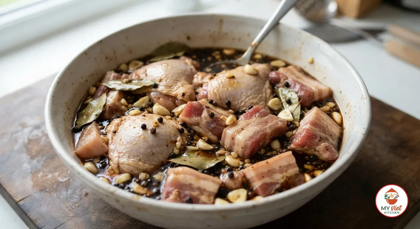 Chicken thighs and pork belly marinating in soy sauce and vinegar with garlic, bay leaves and peppercorns