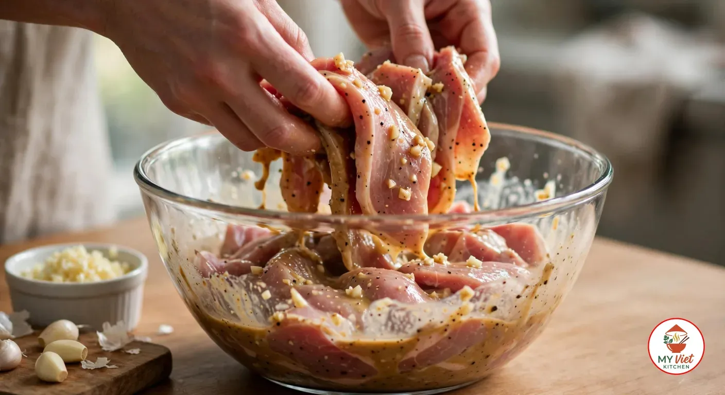 Hands tossing thin slices of raw pork in a clear glass bowl of coconut-milk marinade flecked with minced garlic and black pepper, beside a ramekin of minced garlic and peeled cloves on a small board