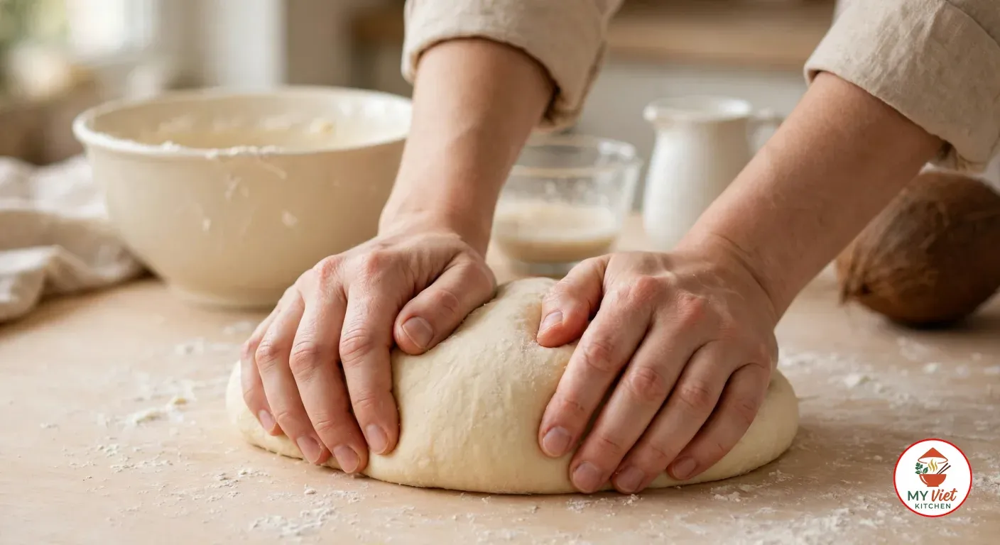 Two hands kneading a smooth, pale ball of dough on a floured wooden counter, with a cream mixing bowl, a glass bowl with the last of the foamy yeast, a white jug of coconut milk and a whole coconut behind
